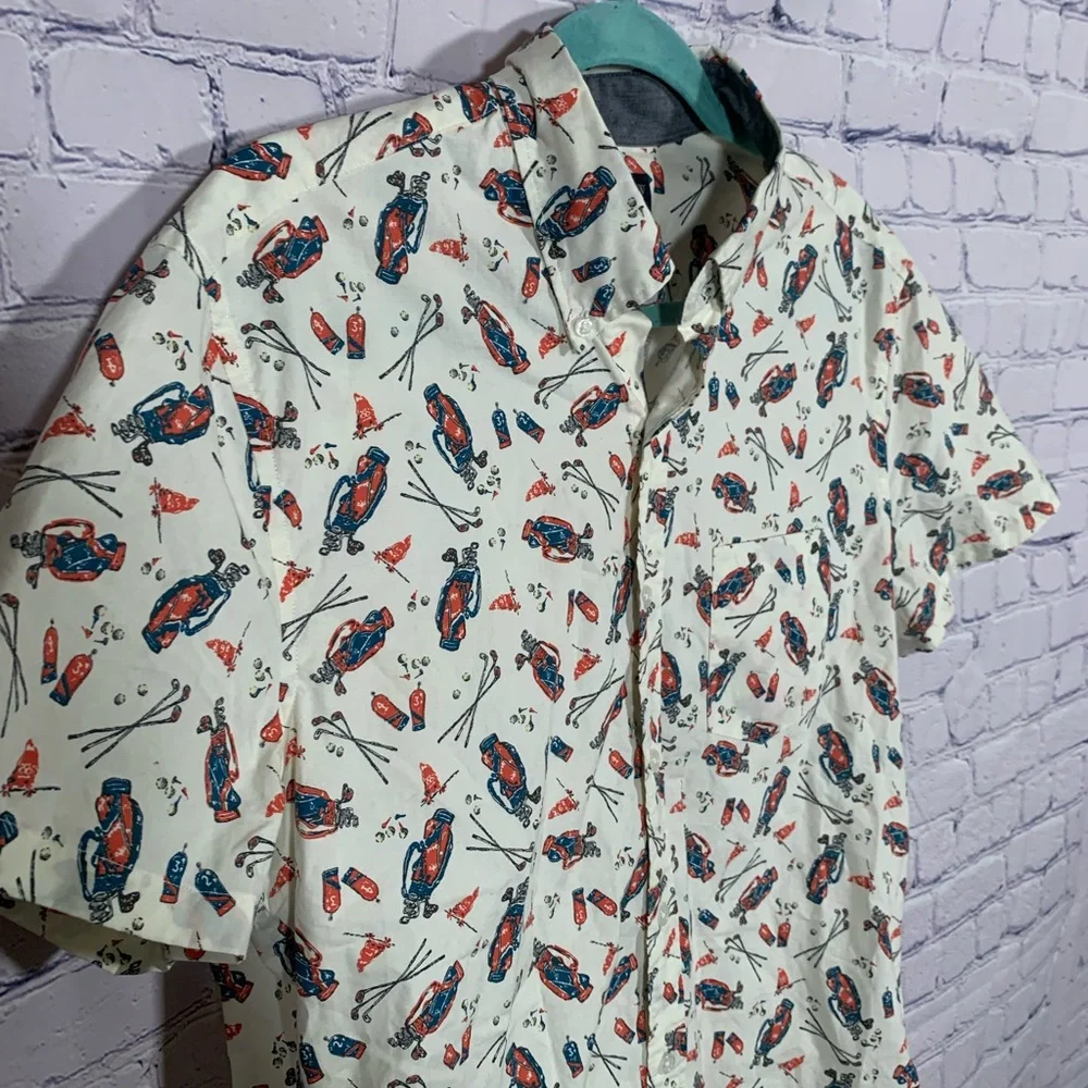 J.Crew Mens Short Sleeve Golf Print Button Down Cream Multi Size M Golf Prep